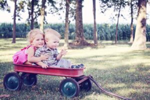 Kinder, roter Metallwagen mit Deichsel, Sommer, Bäume